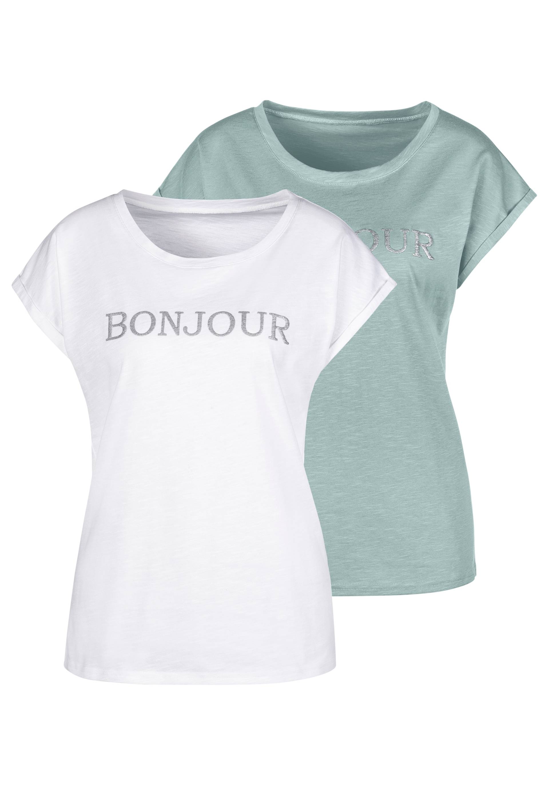 Vivance T-Shirt »mit Frontdruck "Bonjour"«, (2er-Pack), aus weicher Baumwoll-Qualität von Vivance