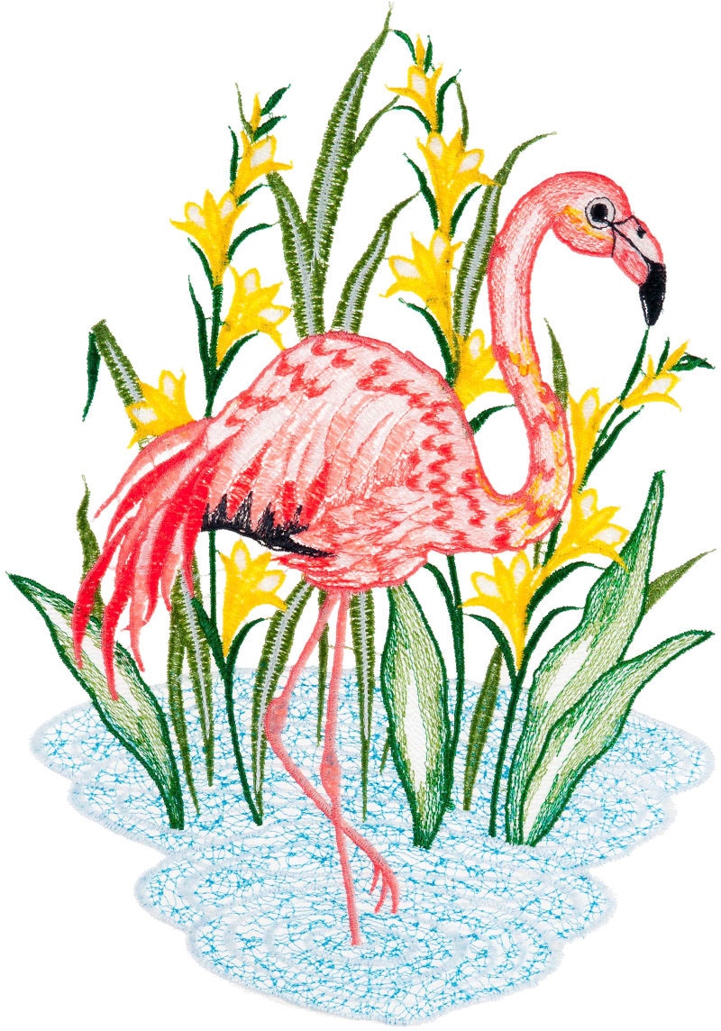 W. Reuter & Sohn - Plauener Spitze® Fensterbild »Fensterbild "Flamingo" farbig« von W. Reuter & Sohn - Plauener Spitze®