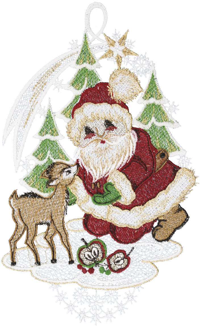 W. Reuter & Sohn - Plauener Spitze® Fensterbild »Weihnachtsmann mit Rehkitz«, Made in Germany von W. Reuter & Sohn - Plauener Spitze®