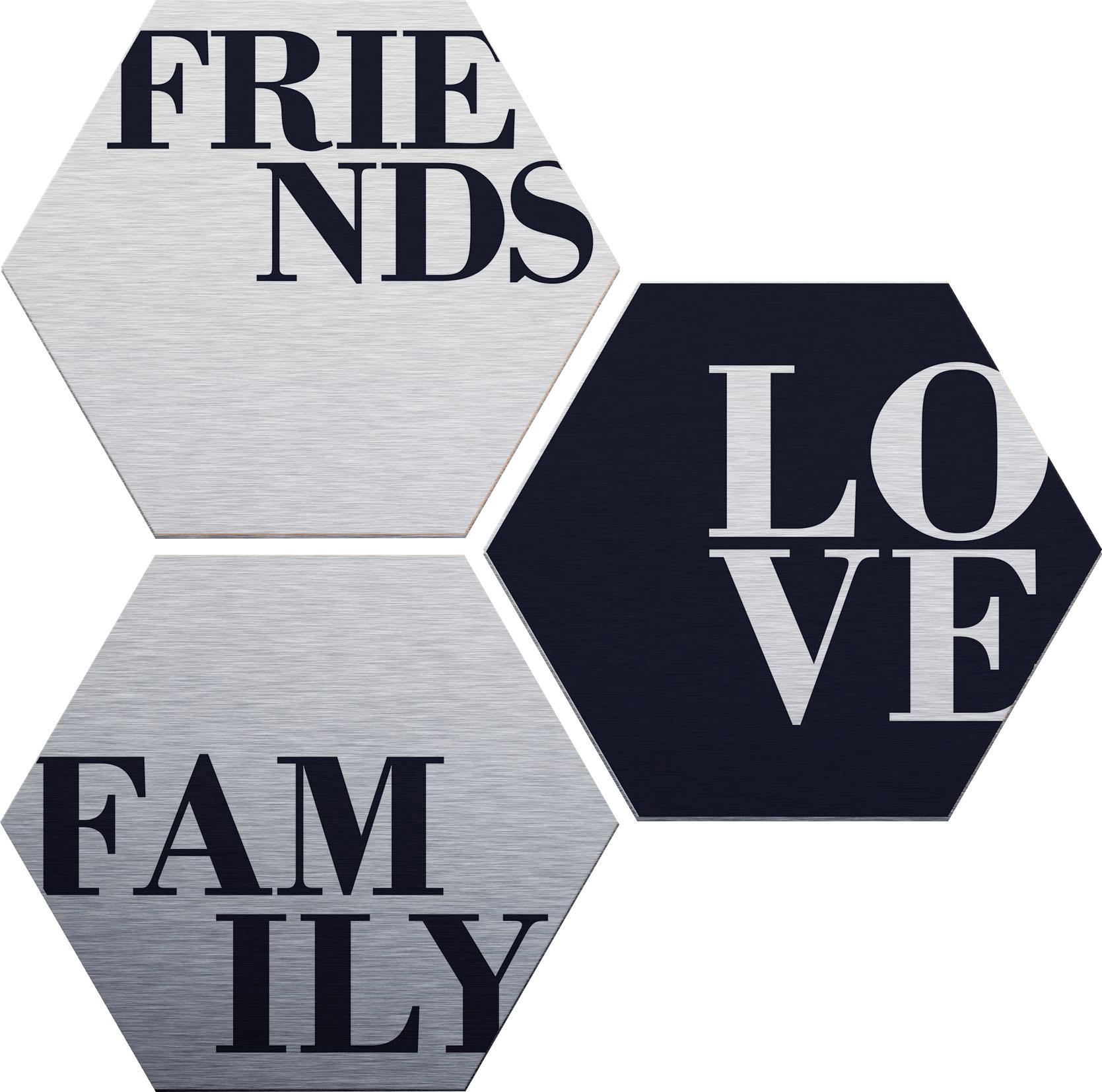 Wall-Art Metallbild »Love, Friends, Family«, Schriftzug, (Set) von Wall-Art