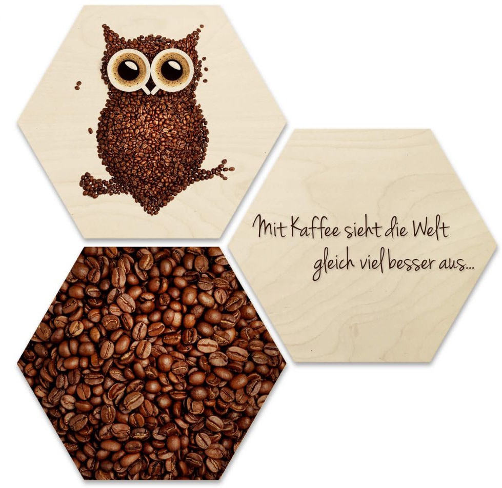 Wall-Art Mehrteilige Bilder »Collage Kaffee Eule Holzdeko«, Schriftzug, (Set, 3 St.) von Wall-Art