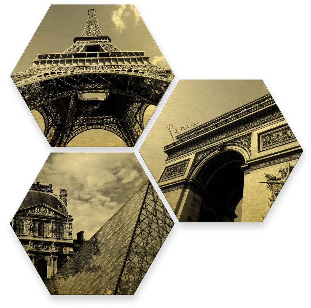 Wall-Art Mehrteilige Bilder »Goldfarbeneffekt Paris Collage Stadt«, (Set, 3 St.) von Wall-Art