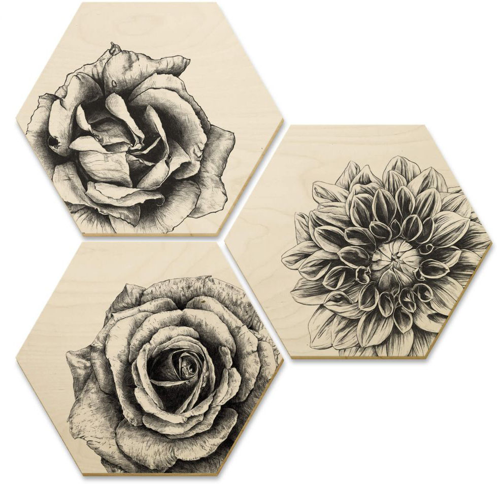 Wall-Art Mehrteilige Bilder »Hexagon Holzbilder Blumen Set«, (Set, 3 St.) von Wall-Art