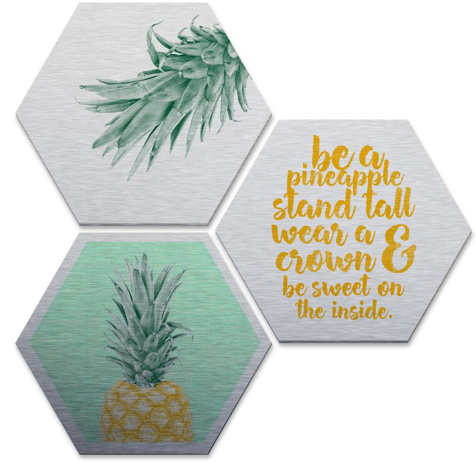 Wall-Art Mehrteilige Bilder »Silberfarbeneffekt Ananas Spruch«, (Set, 3 St., Im 3-teiligen Set) von Wall-Art