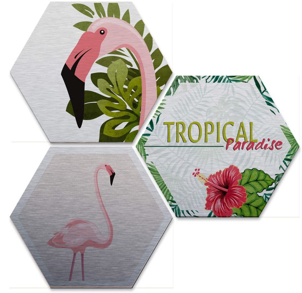 Wall-Art Mehrteilige Bilder »Silberfarbeneffekt Flamingo Set«, (Set, 3 St.) von Wall-Art