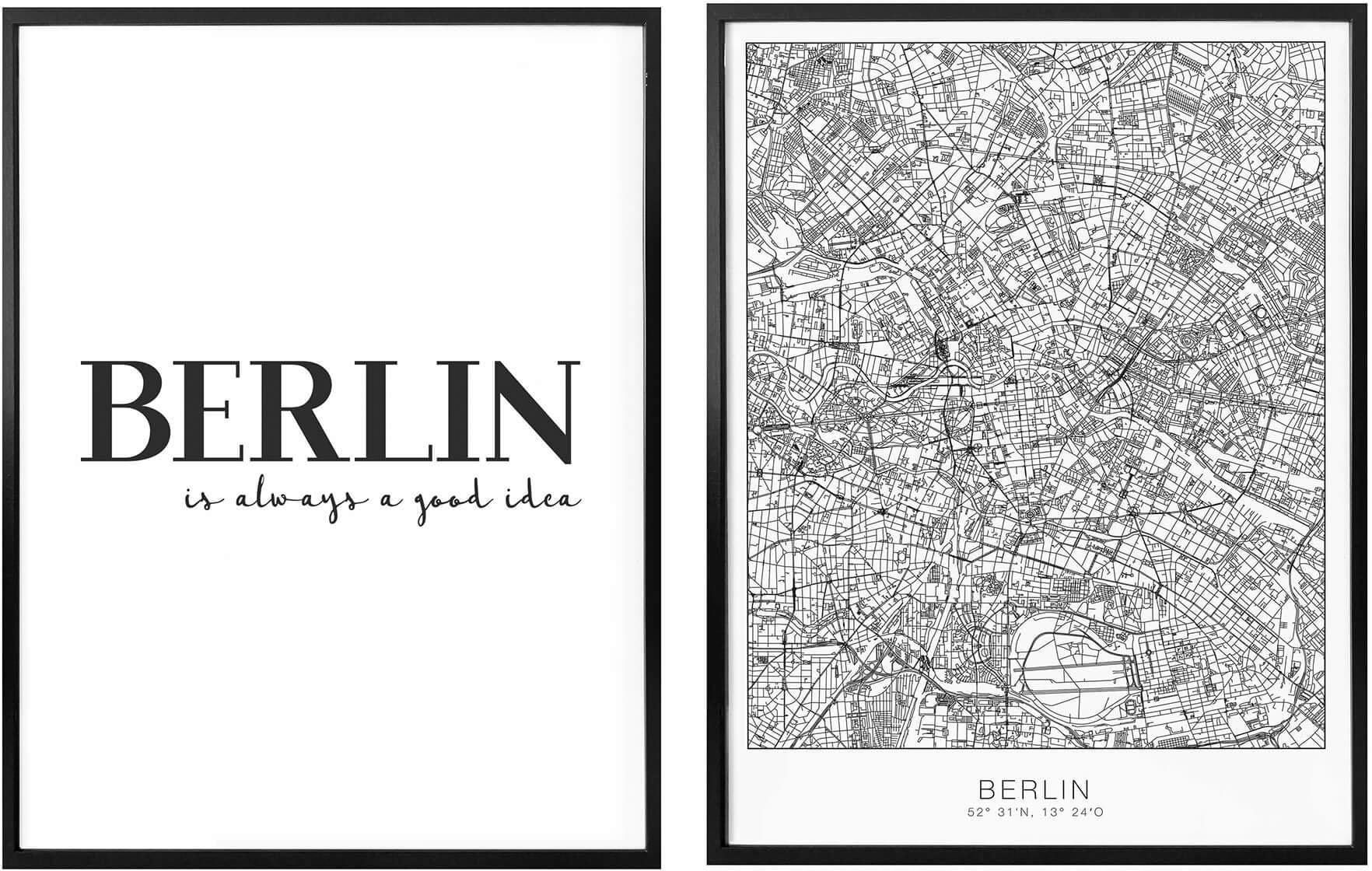 Wall-Art Poster »Berlin Stadtkarte Schriftzug Set«, Blumen, (Set, 2 St.) von Wall-Art