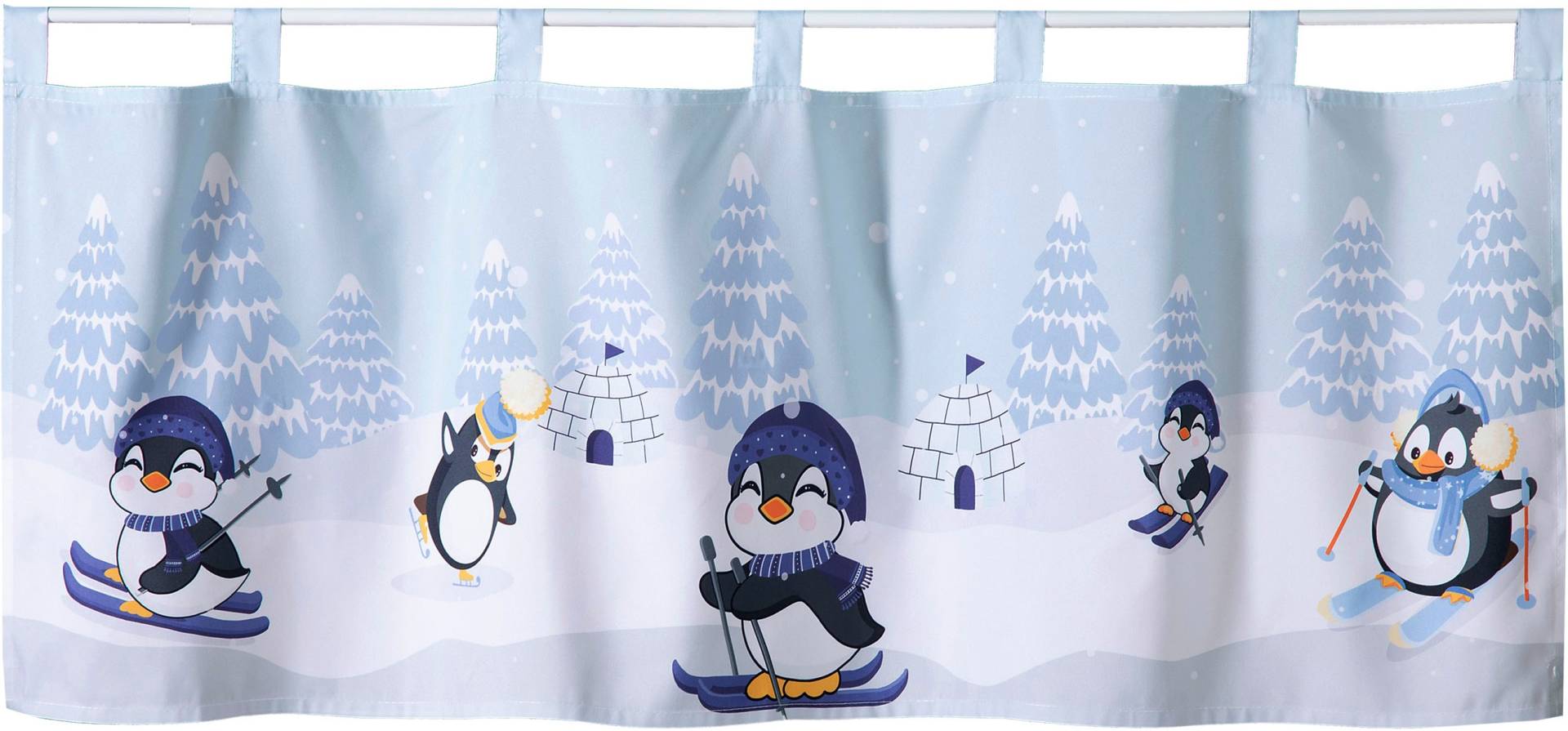 Weckbrodt Scheibengardine »Comic-Pinguine«, (1 St.), Microsatin, blickdicht, bedruckt, HxB 45x120cm, Gardine, Store von Weckbrodt
