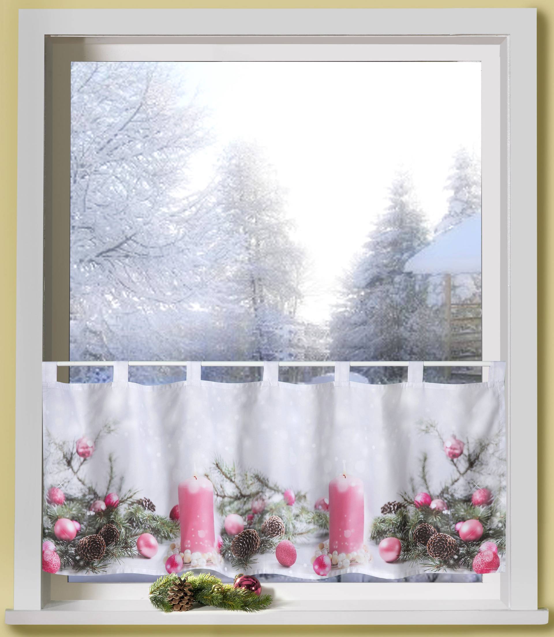 Weckbrodt Scheibengardine »Rosa Kerzen«, (1 St.), Bistro, Microsatin, Weihnachten, HxB 45x120cm, Gardine, Store von Weckbrodt
