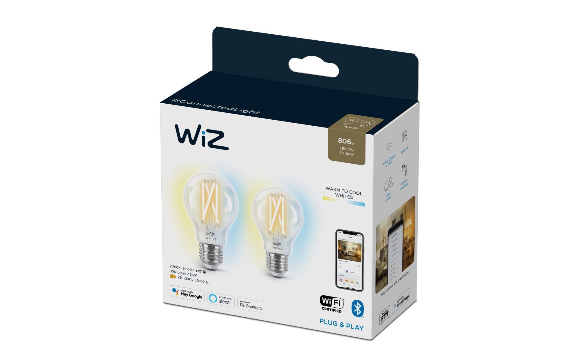 WiZ LED-Leuchtmittel »7W (60W) E27 A60 Filament Clear Doppelpack«, E27, Kaltweiss von WiZ