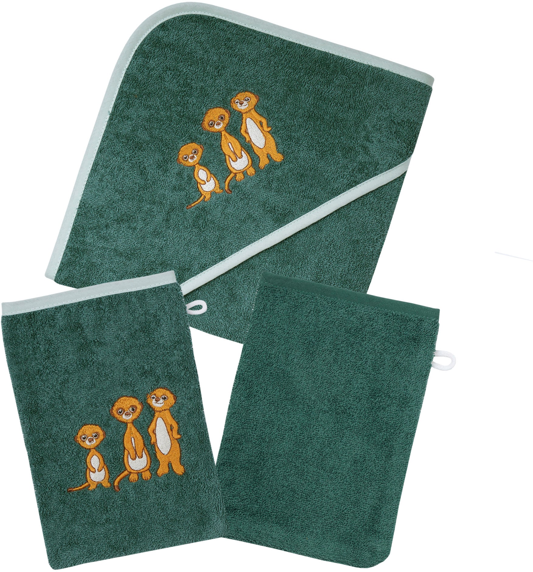 Wörner Handtuch Set »Erdmännchen pinie Kapuzenbadetuch mit 2 Waschhandschuhen«, (Spar-Set, 3 St.) von Wörner