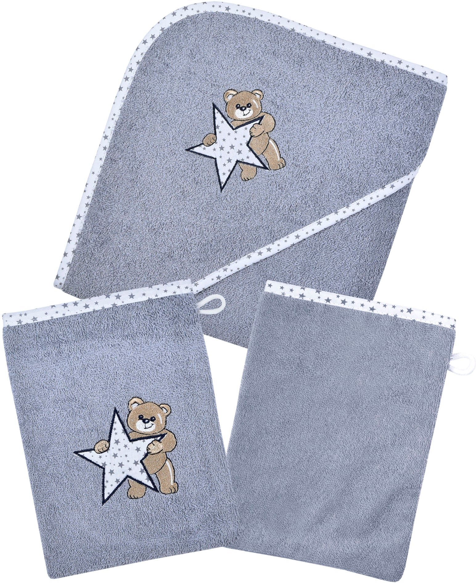 Wörner Handtuch Set »Teddy/Stern Kapuzenbadetuch mit 2 Waschhandschuhen«, (Spar-Set, 3 St.) von Wörner
