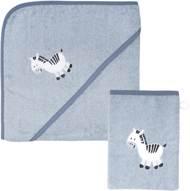 Wörner Handtuch Set »Zebra blau Kapuzenbadetuch 100/100 mit Waschhandschuh«, (Spar-Set, 2 St., Kapuzenhandtuch 100 x 100 cm-Waschhandschuh 15 x 21 cm), mit süsser Zebrastickerei von Wörner