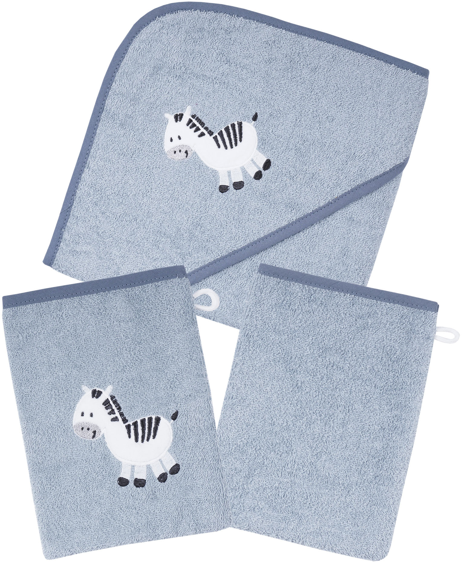 Wörner Handtuch Set »Zebra blau Kapuzenbadetuch mit 2 Waschhandschuhen«, (Spar-Set, 3 St.) von Wörner