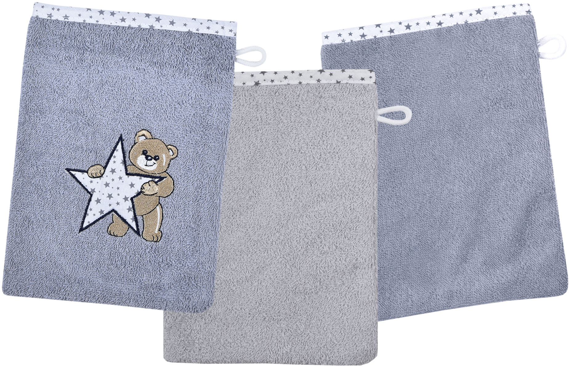 Wörner Waschhandschuh »Teddy/Stern Waschhandschuh 3er Set«, (3 St., Kapuzenhandtuch 80 x 80 cm-Waschhandschuhe 15 x 21 cm), 1x mit süsser Teddystickerei, 2x unifarben von Wörner