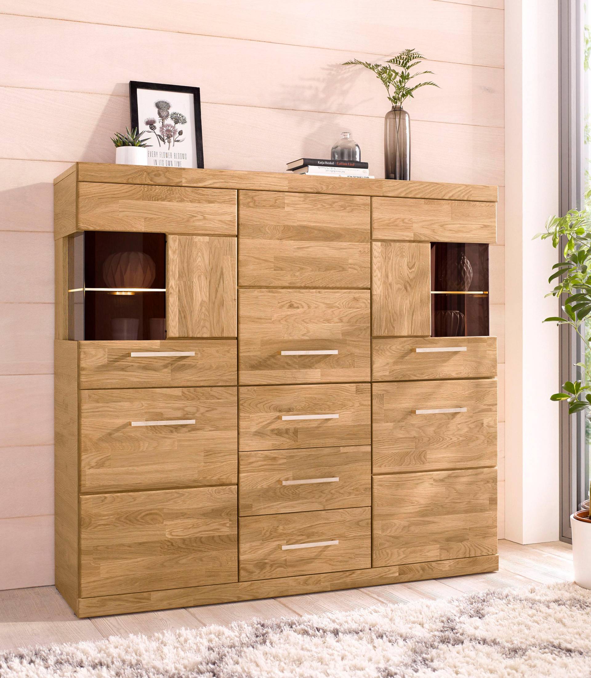 Home affaire Highboard »Ribe,125cm breit,115cm hoch, Fronten Massivholz,5Türen,3 Schubladen«, Holz massiv, Holzwerkstoff, Metall Griffe,10Fächer, Böden versetzbar Home affaire Highboard »Ribe,125cm breit,115cm hoch, Fronten Massivholz,5Türen,3 Schubladen«, Holz massiv, Holzwerkstoff, Metall Griffe,10Fächer, Böden versetzbar von home affaire