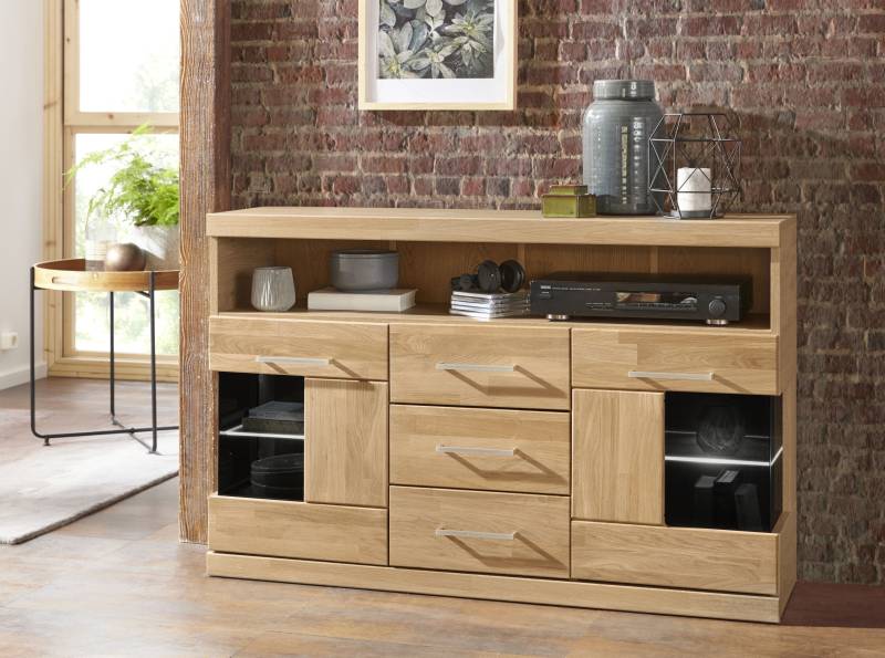 Home affaire Sideboard »Ribe,125cm breit, Fronten Massivholz,5 Fächer,Böden versetzbar«, Korpus Holzwerkstoff,Türen mit Glaseinsatz,3 Schubladen,Metallgriffe von home affaire