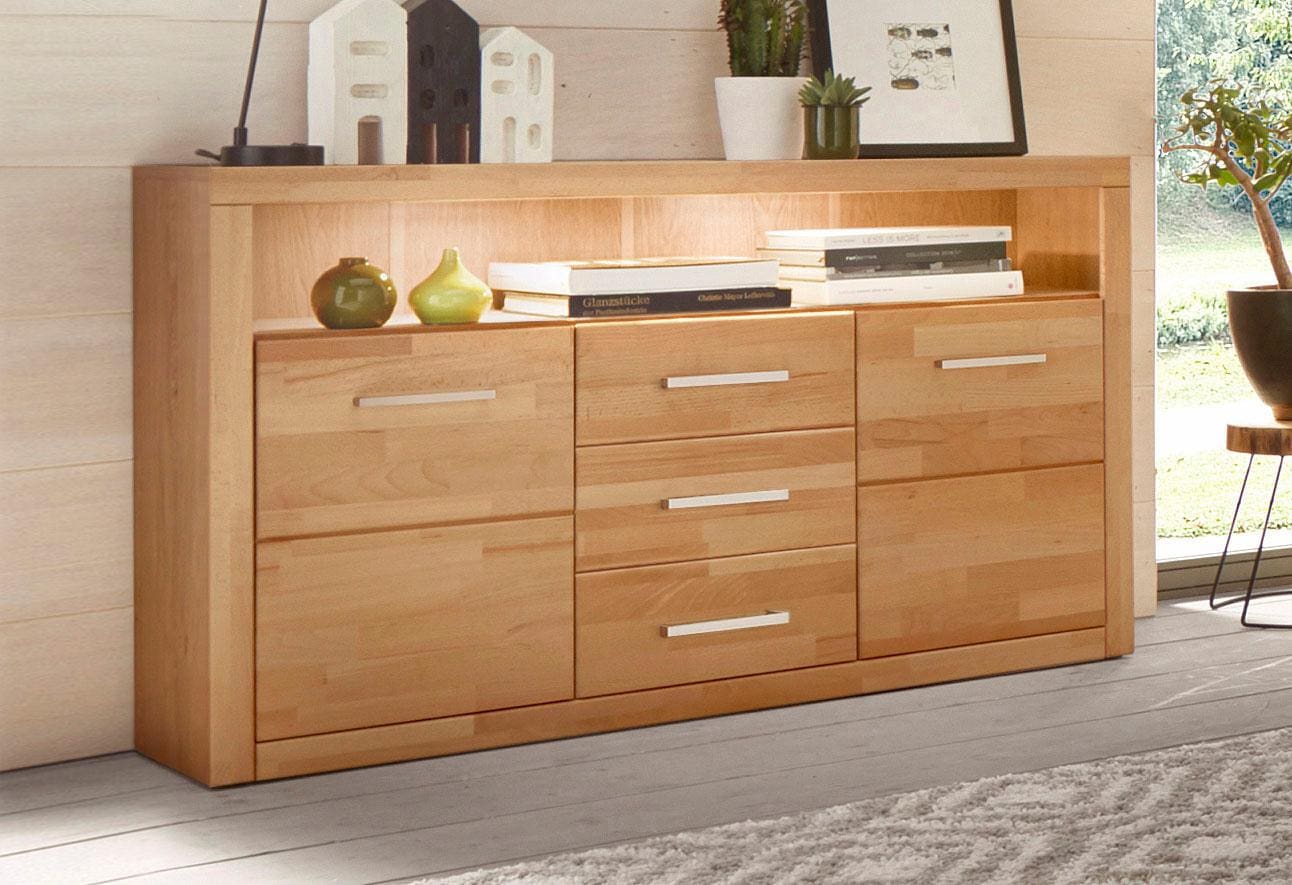 Home affaire Sideboard »Ribe,130cm breit, Fronten Massivholz,5 Fächer«, Holz massiv, Holzwerkstoff, Metall Griffe,2 Türen,3 Schubladen von home affaire