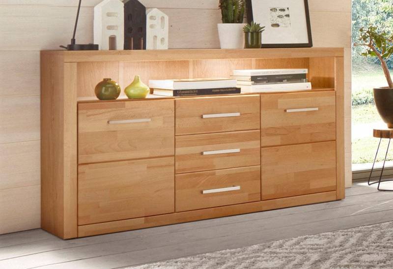 Home affaire Sideboard »Ribe,130cm breit, Fronten Massivholz,5 Fächer«, Holz massiv, Holzwerkstoff, Metall Griffe,2 Türen,3 Schubladen von home affaire