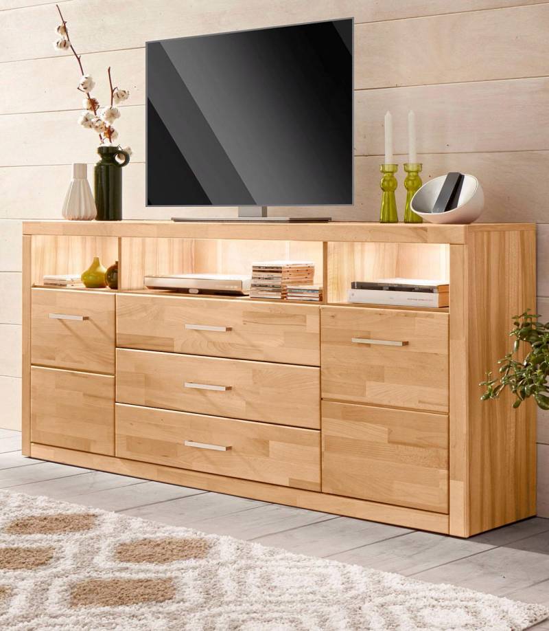 Home affaire Sideboard »Ribe,180cm breit, Fronten Massivholz,7 Fächer«, Holz massiv, Holzwerkstoff, Metall Griffe,2Türen,3Schubladen von home affaire