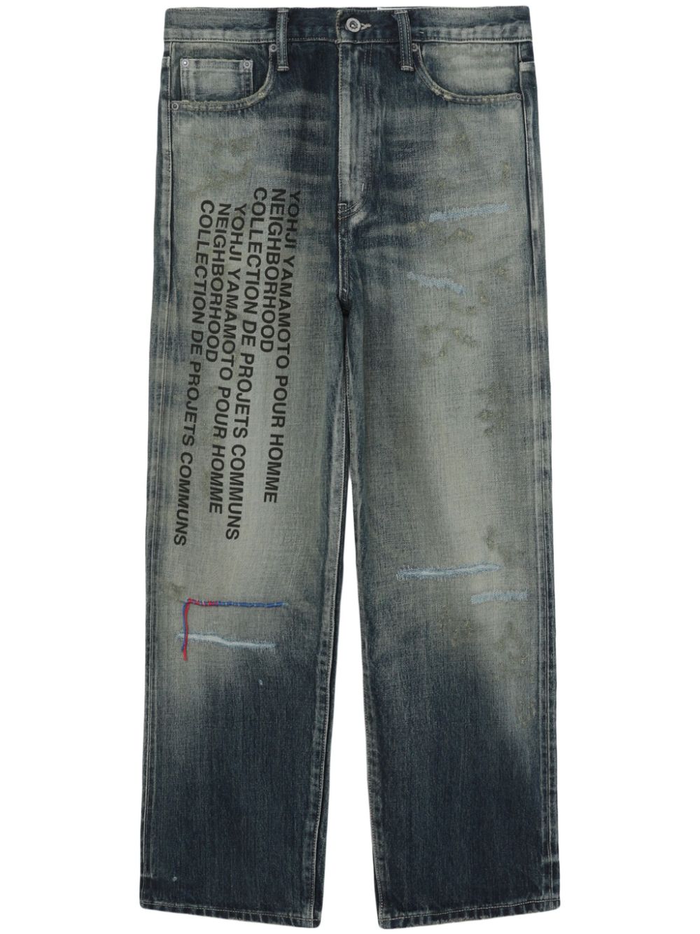 Yohji Yamamoto slogan-print straight-leg jeans - Blue von Yohji Yamamoto