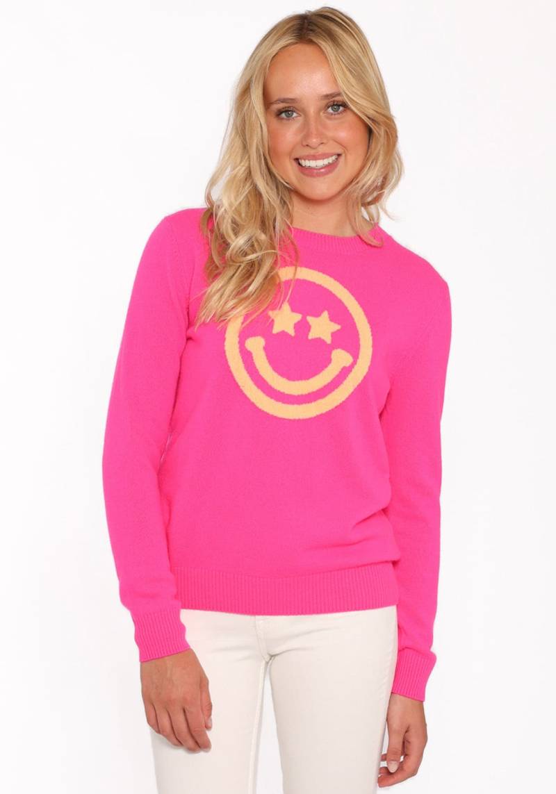 Zwillingsherz Kaschmirpullover »Roundneck "Smiley Face"«, in Neonpink mit orangen Smiley von Zwillingsherz