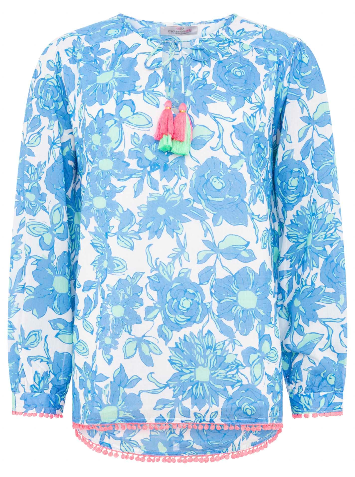 Zwillingsherz Shirtbluse »"Schmetterling"«, mit Blumenmuster, Tasseln und Pom Pom Besatz von Zwillingsherz