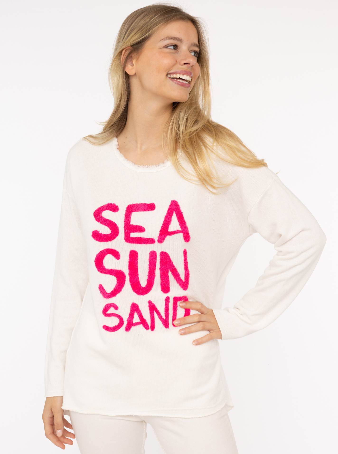 Zwillingsherz Sweater »"Sea Sand Sun"«, Mit grosser Flock-Aufschrift in auffälliger Farbe von Zwillingsherz