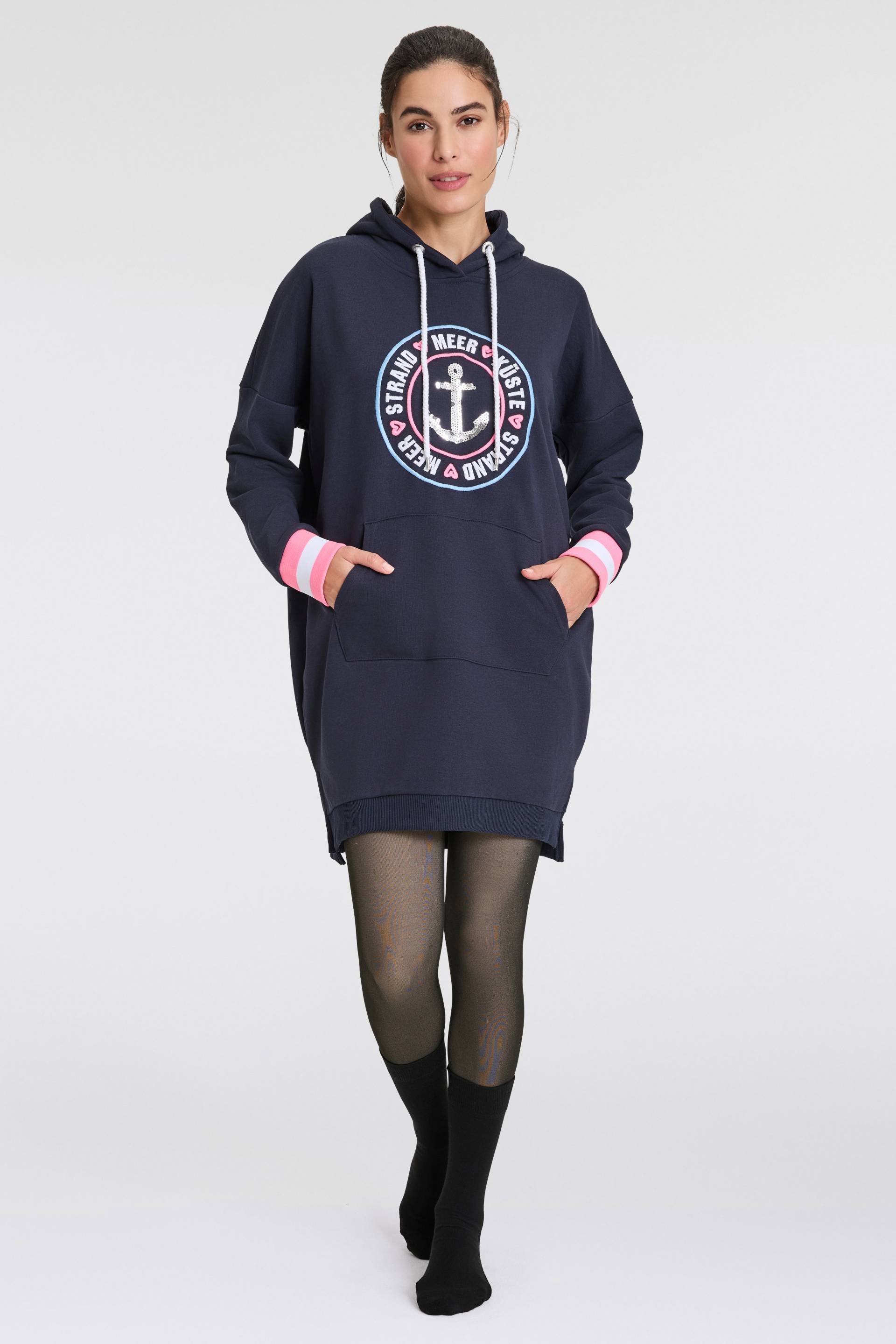 Zwillingsherz Sweatkleid »"Zuhause am Strand"«, mit Kapuze, Taschen, Front und Backmotiv und Bündchen mit Neonstreifen von Zwillingsherz