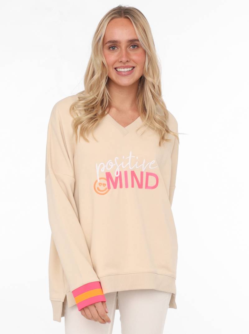 Zwillingsherz Sweatshirt, mit V-Ausschnitt, "Positive Mind"-Aufstick und neonfarbenen Bündchen von Zwillingsherz