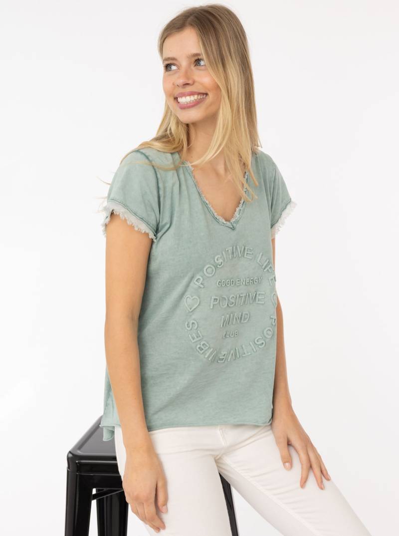 Zwillingsherz T-Shirt »"Positive Mind"«, mit V-Neck, Stempeldruck und Saum im Used-Look von Zwillingsherz