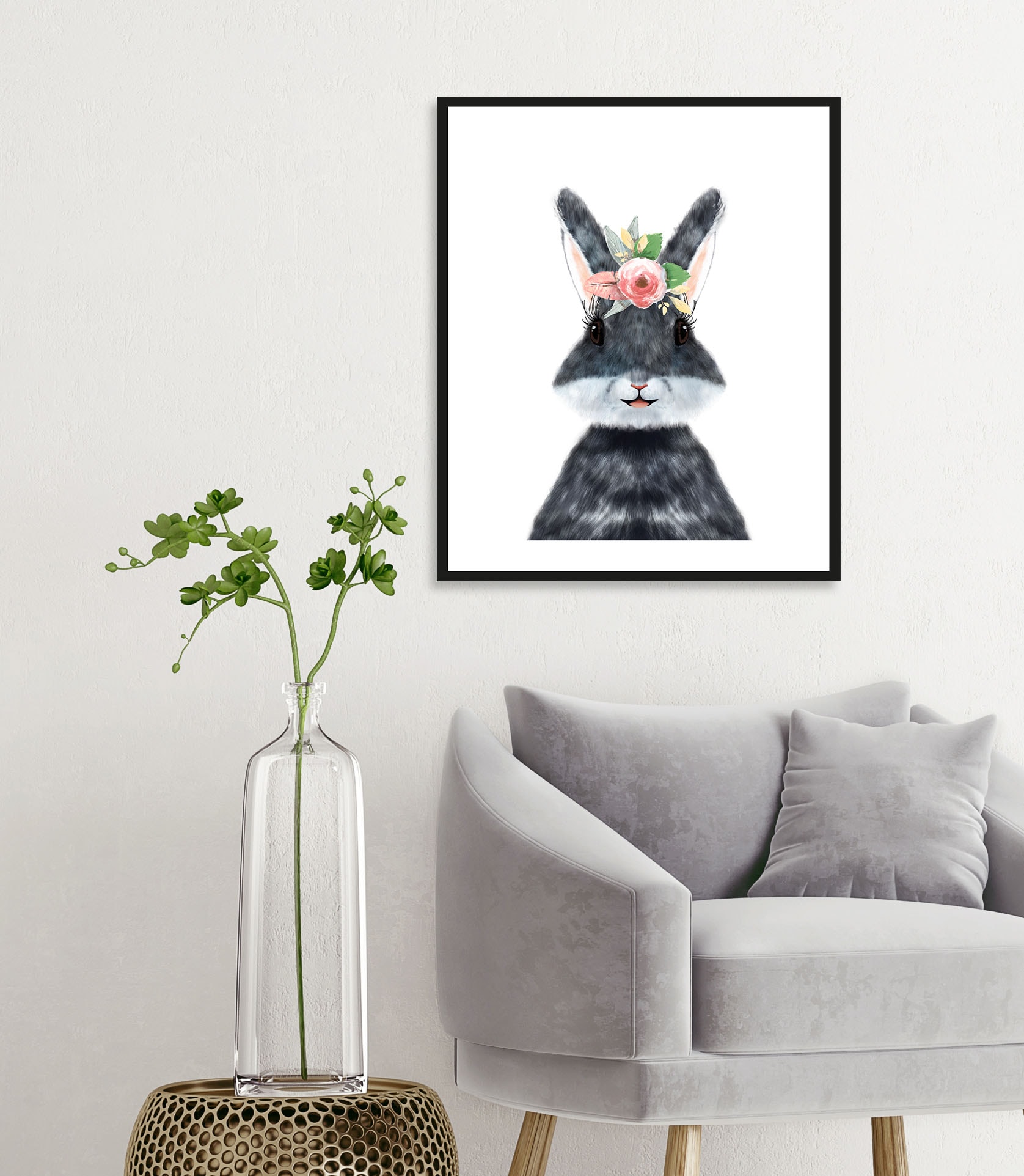 queence Bild »Albino«, Hase-Hasen-Haustiere-Kunst-Ostern-Blumen, (1 St.), HD Premium Poster-Druck inkl. Holzrahmen von queence
