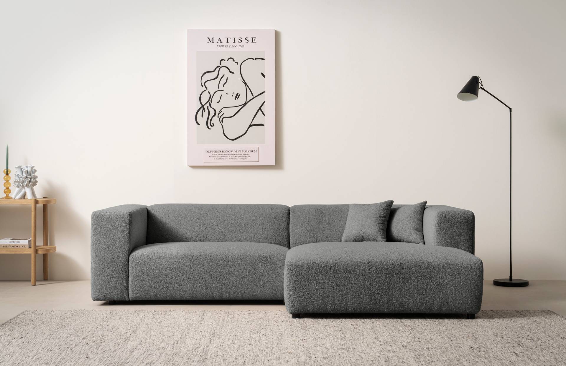 andas Ecksofa »BAKELS, L-Form in Cord oder Boucle-Stoff, moderne Couch«, wahlweise Recamiere rechts/links, bequemer Sitzkomfort von andas