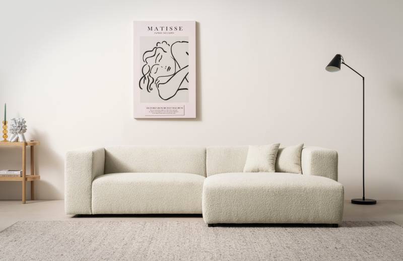 andas Ecksofa »BAKELS, L-Form in Cord oder Boucle-Stoff, moderne Couch«, wahlweise Recamiere rechts/links, bequemer Sitzkomfort von andas