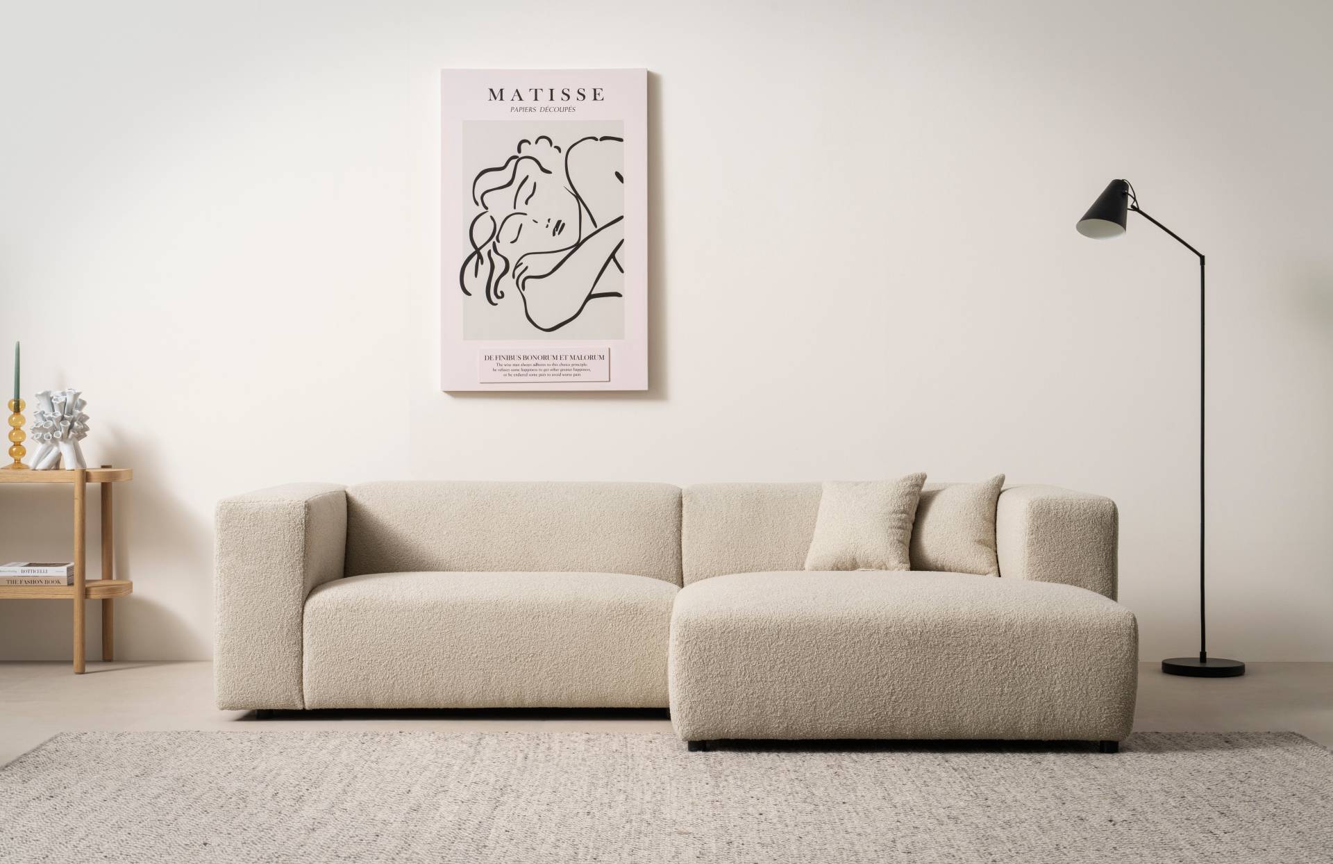 andas Ecksofa »BAKELS, L-Form in Cord oder Boucle-Stoff, moderne Couch«, wahlweise Recamiere rechts/links, bequemer Sitzkomfort von andas