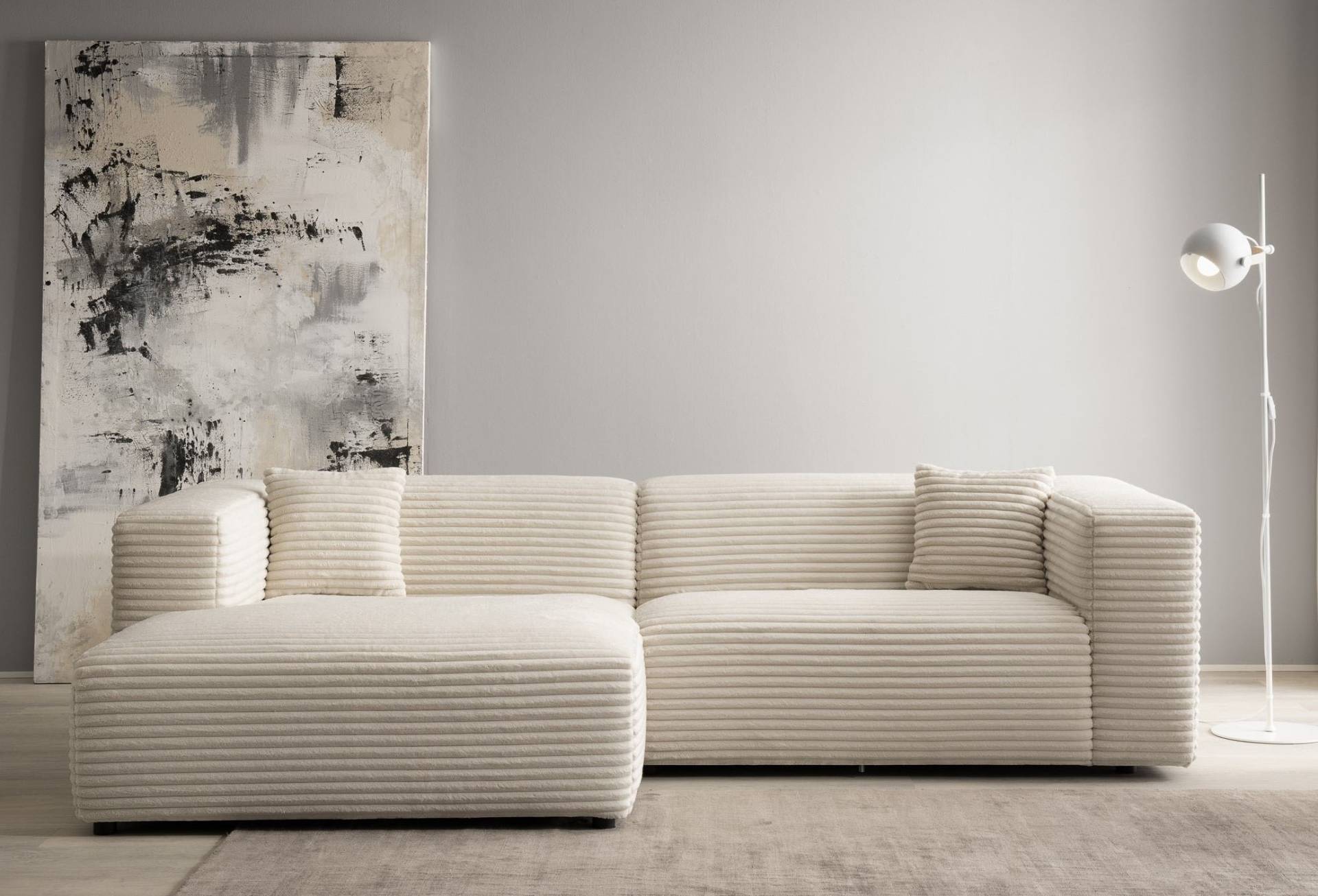 andas Ecksofa »BAKELS, L-Form in Cord oder Boucle-Stoff, moderne Couch«, wahlweise Recamiere rechts/links, bequemer Sitzkomfort von andas
