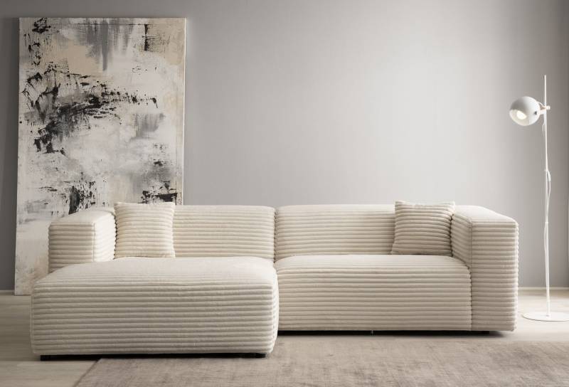 andas Ecksofa »BAKELS, L-Form in Cord oder Boucle-Stoff, moderne Couch«, wahlweise Recamiere rechts/links, bequemer Sitzkomfort von andas
