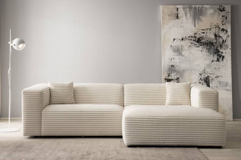 andas Ecksofa »BAKELS, L-Form in Cord oder Boucle-Stoff, moderne Couch«, wahlweise Recamiere rechts/links, bequemer Sitzkomfort von andas