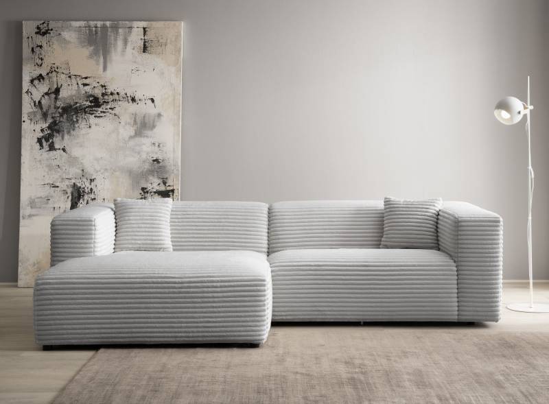 andas Ecksofa »BAKELS, L-Form in Cord oder Boucle-Stoff, moderne Couch«, wahlweise Recamiere rechts/links, bequemer Sitzkomfort von andas
