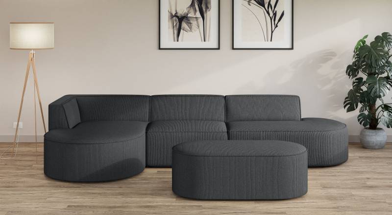 andas Ecksofa »EIVIND Designer Sofa mit Ottomane rechts/links, B/T/H: 343/159/72 cm«, L-Form mit Wellenunterfederung, auch in Feincord und Bouclé von andas