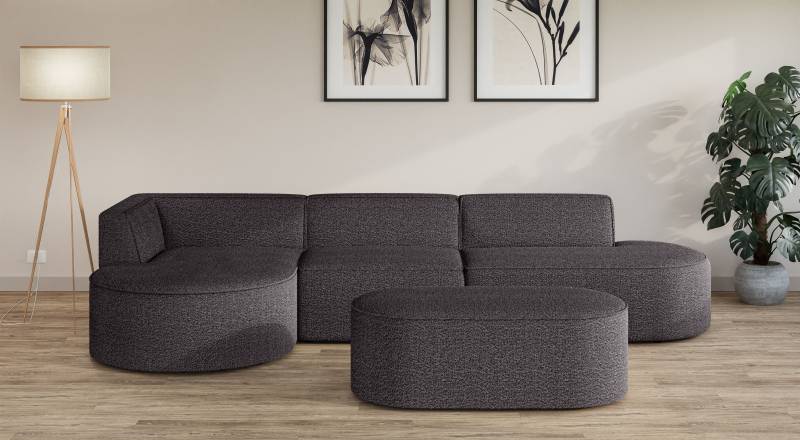 andas Ecksofa »EIVIND Designer Sofa mit Ottomane rechts/links, B/T/H: 343/159/72 cm«, L-Form mit Wellenunterfederung, auch in Feincord und Bouclé von andas