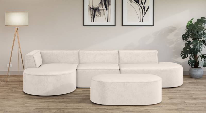 andas Ecksofa »EIVIND Designer Sofa mit Ottomane rechts/links, B/T/H: 343/159/72 cm«, L-Form mit Wellenunterfederung, auch in Feincord und Bouclé von andas