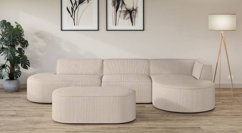 andas Ecksofa »EIVIND Designer Sofa mit Ottomane rechts/links, B/T/H: 343/159/72 cm«, L-Form mit Wellenunterfederung, auch in Feincord und Bouclé von andas