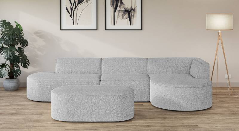 andas Ecksofa »EIVIND Designer Sofa mit Ottomane rechts/links, B/T/H: 343/159/72 cm«, L-Form mit Wellenunterfederung, auch in Feincord und Bouclé von andas
