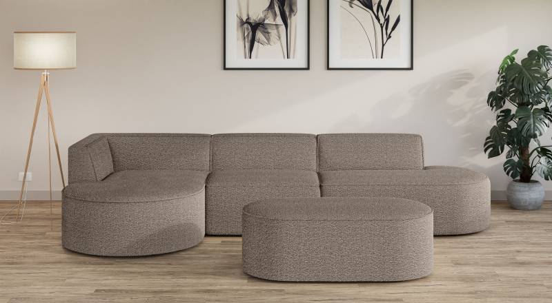 andas Ecksofa »EIVIND Designer Sofa mit Ottomane rechts/links, B/T/H: 343/159/72 cm«, L-Form mit Wellenunterfederung, auch in Feincord und Bouclé von andas