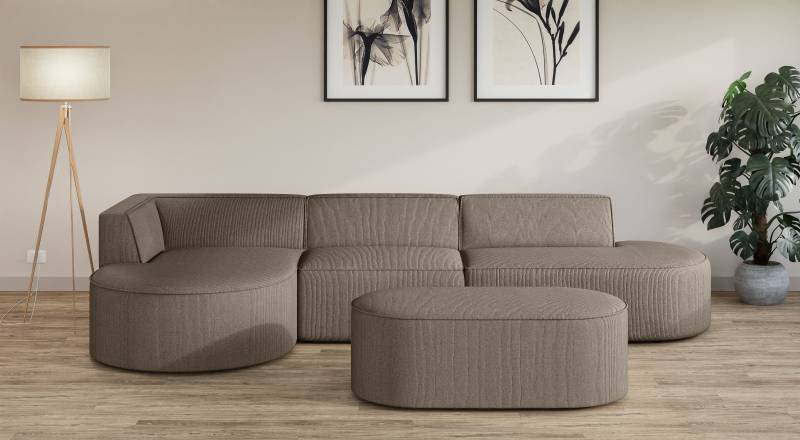 andas Ecksofa »EIVIND Designer Sofa mit Ottomane rechts/links, B/T/H: 343/159/72 cm«, L-Form mit Wellenunterfederung, auch in Feincord und Bouclé von andas
