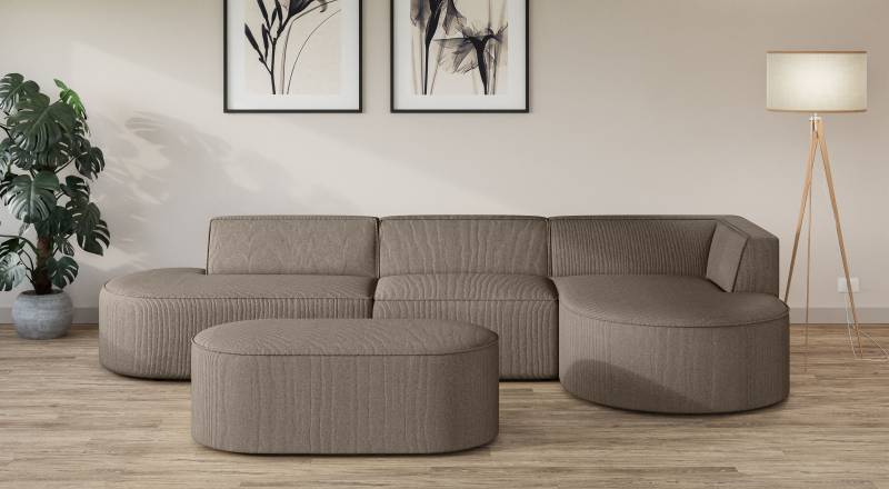 andas Ecksofa »EIVIND Designer Sofa mit Ottomane rechts/links, B/T/H: 343/159/72 cm«, L-Form mit Wellenunterfederung, auch in Feincord und Bouclé von andas