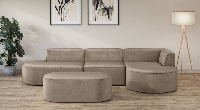 andas Ecksofa »EIVIND Designer Sofa mit Ottomane rechts/links, B/T/H: 343/159/72 cm«, L-Form mit Wellenunterfederung, auch in Feincord und Bouclé von andas