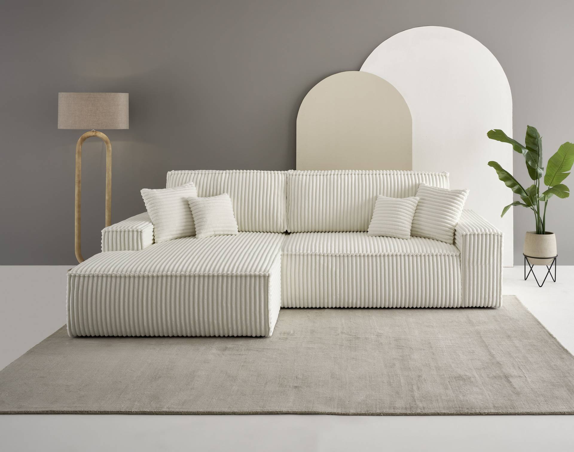 andas Ecksofa »Finnley Schlafsofa 267 cm in Bouclé, Struktur fein u. Cord, L-Form,«, Schlaffunktion m. Bettkasten (136/210 cm), Bouclé, Struktur und Cord von andas