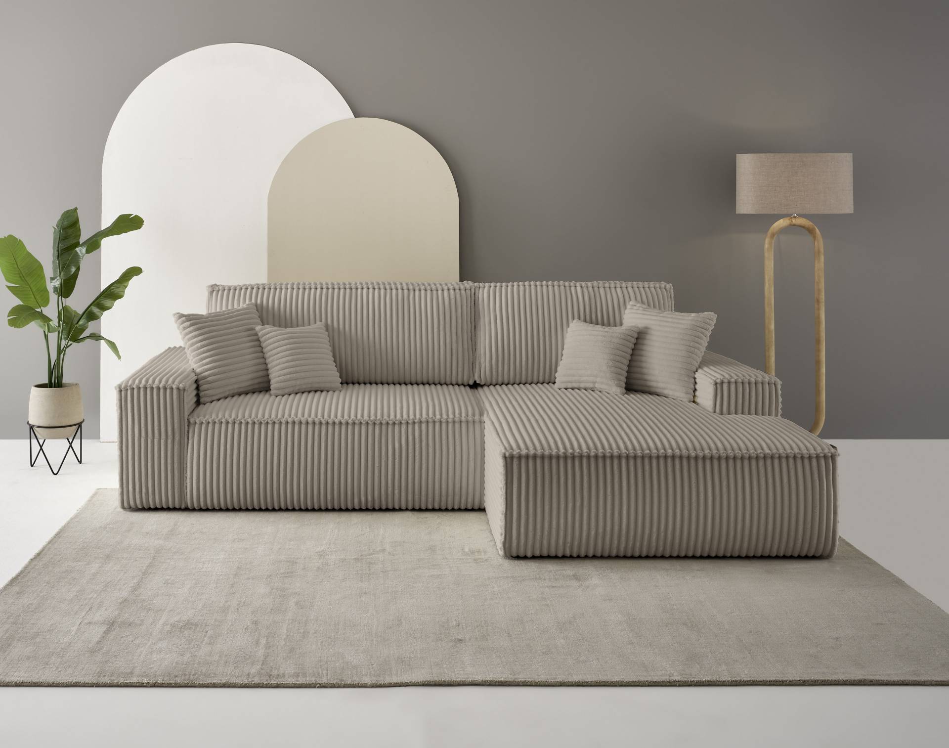 andas Ecksofa »Finnley Schlafsofa 267 cm in Bouclé, Struktur fein u. Cord, L-Form,«, Schlaffunktion m. Bettkasten (136/210 cm), Bouclé, Struktur und Cord von andas