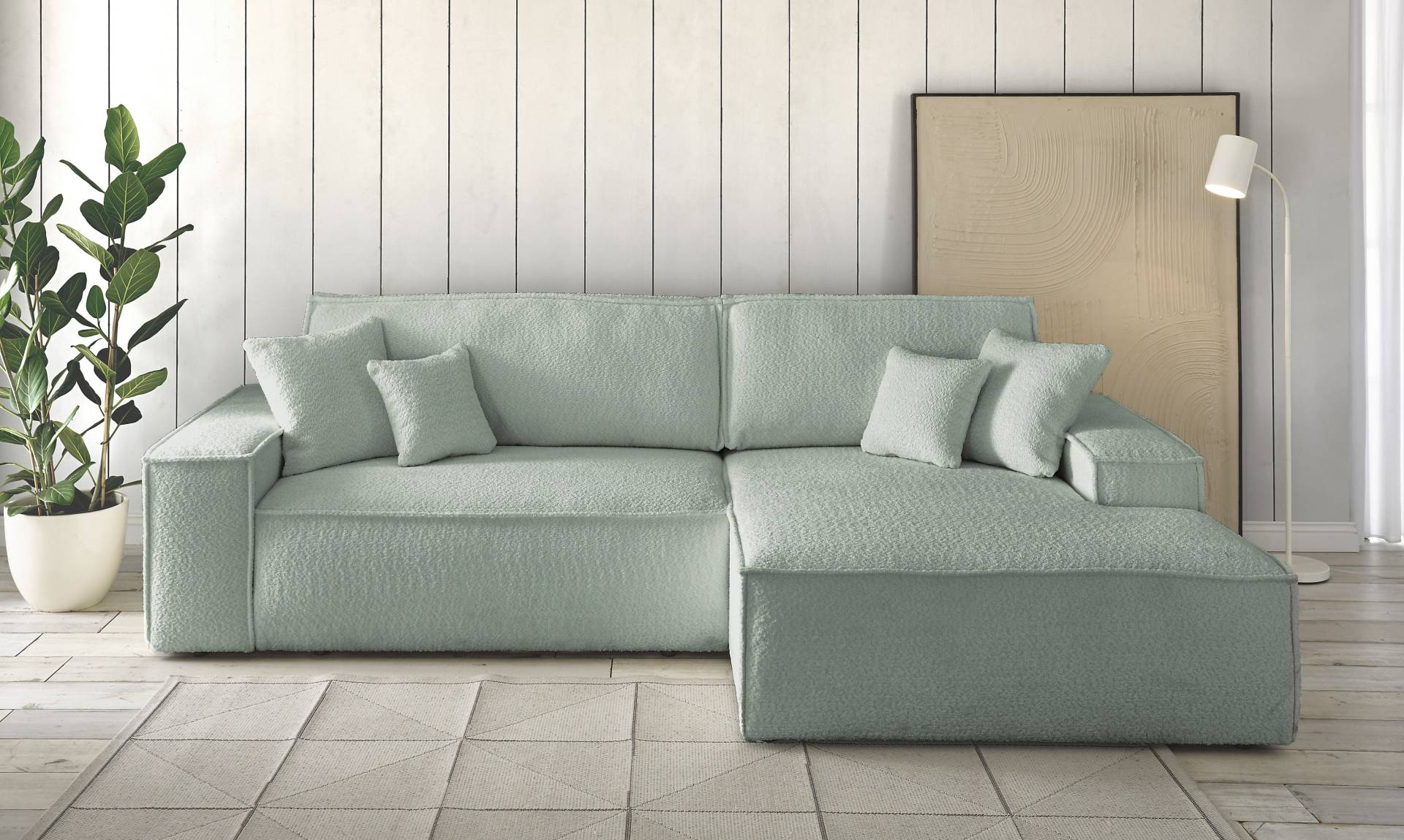 andas Ecksofa »Finnley Schlafsofa 267 cm in Bouclé, Struktur fein u. Cord, L-Form,«, Schlaffunktion m. Bettkasten (136/210 cm), Bouclé, Struktur und Cord von andas